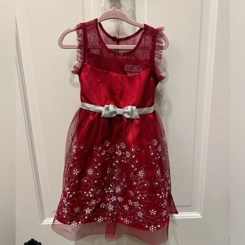NWOT Jona Michelle 2T Red and Silver Formal Girls Dress with Ruffle Sleeves